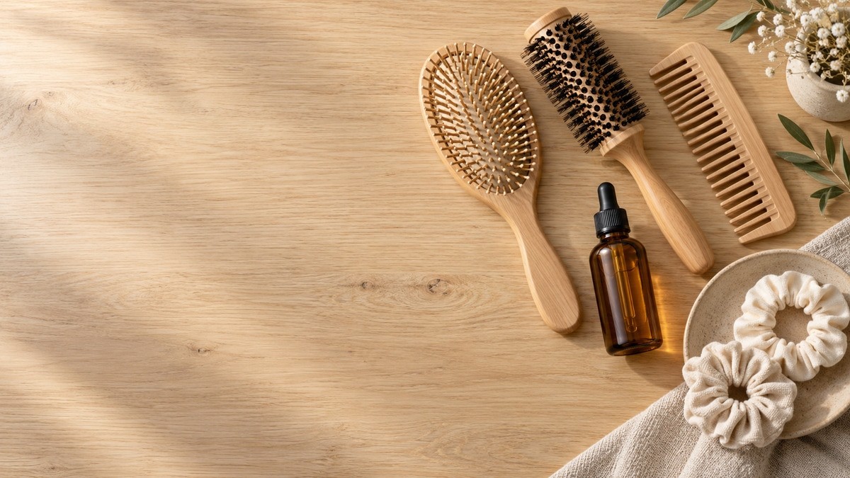 Wooden brushes, a wide-tooth comb and fabric hair ties on a light oak salon table
