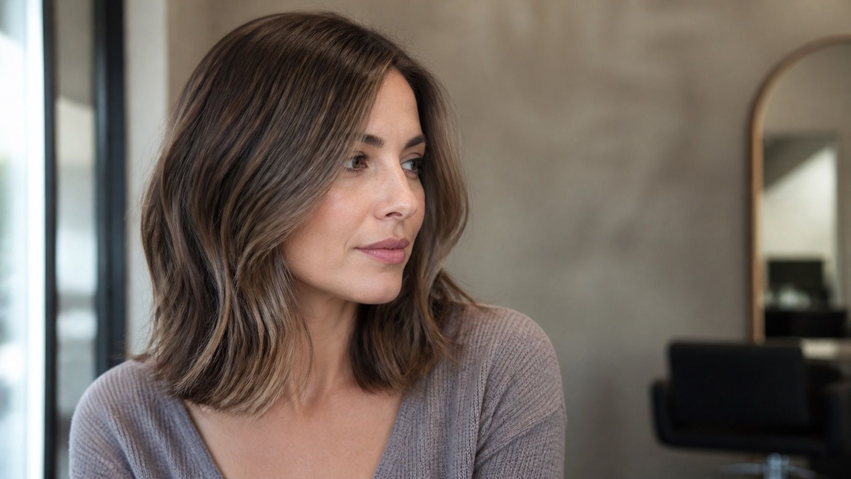 Soft smoky brown hair colour in daylight