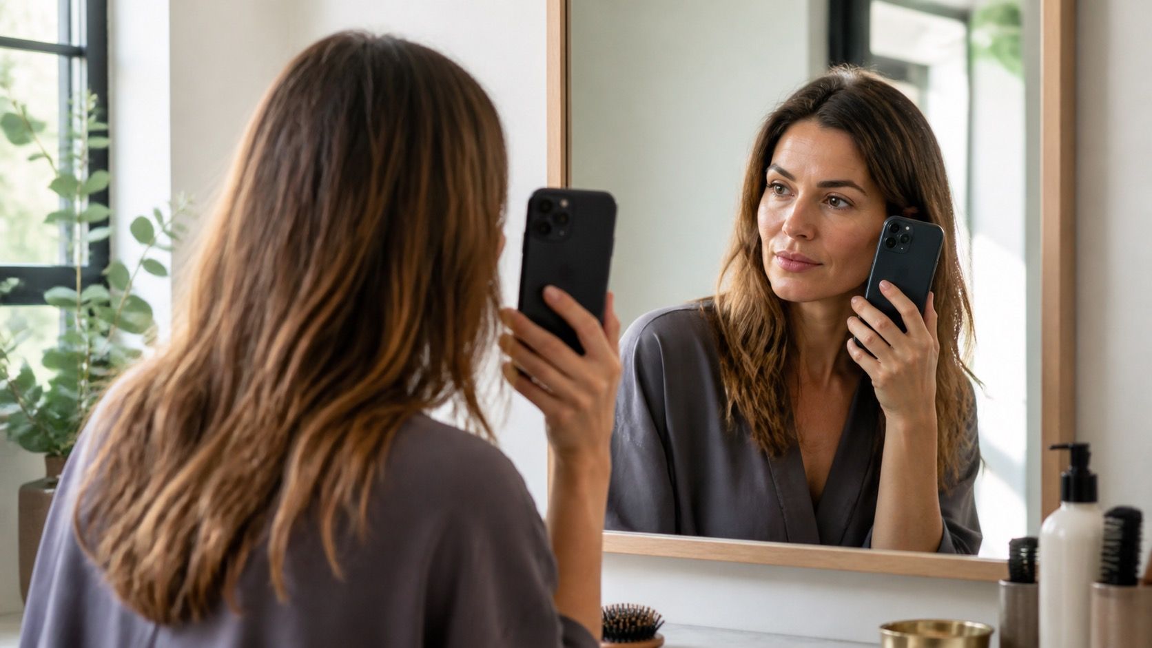 Woman comparing hair colour shades on a phone