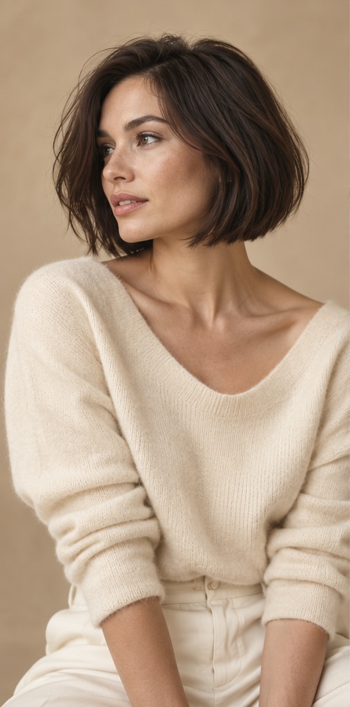 Brunette chin-length bob with a soft side part