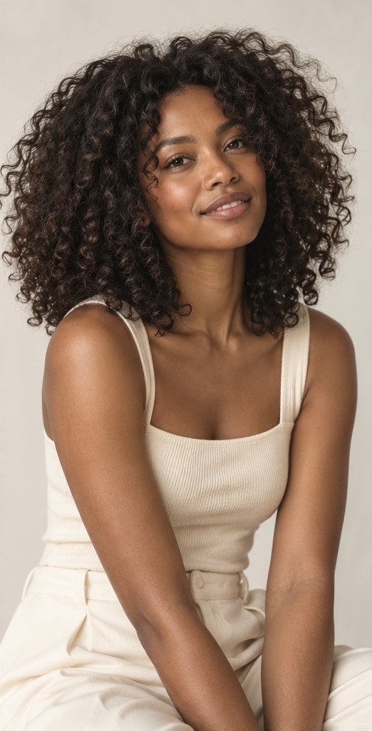 Shoulder-length natural curls with a rounded silhouette